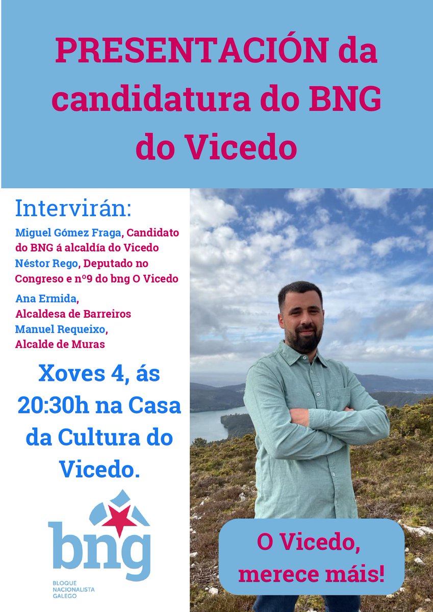 Sabías que <a href="/NestorRego/">Néstor Rego</a> vai pechando a candidatura do BNG ás eleccións municipais no Vicedo? Pois si, no seu concello natal 📲

Esta quinta feira, 4 de maio, presentamos toda a candidatura, encabezada por Miguel Gómez.

🤭Anímate a vir! #UnhaNovaGaliza #ConcelloAConcello