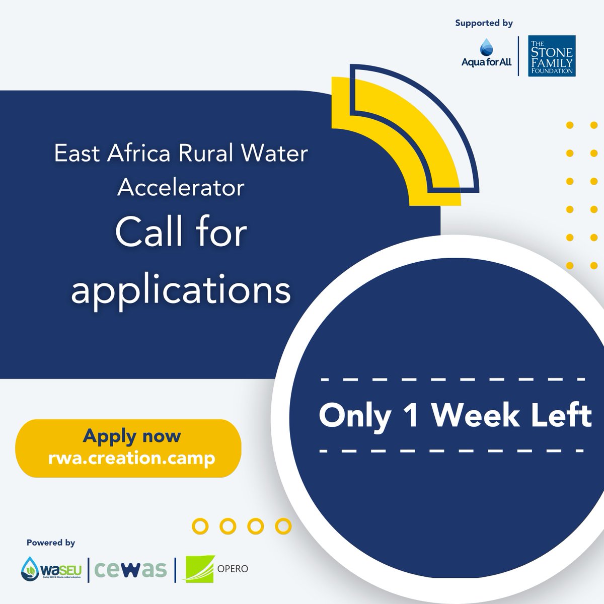 CewasGlobal's tweet photo. Only 1 week left to apply to our #CallforApplications.
Apply here https://t.co/ggc4b2svTJ
The Rural Water Accelerator is operated by cewas, @OPERO_KE and @WASEU_Uganda is supported by @AquaforAll as well as @StoneFamilyFdn
#MakingWaterCount #acceleratingruralwater https://t.co/0DrCY1hKTR