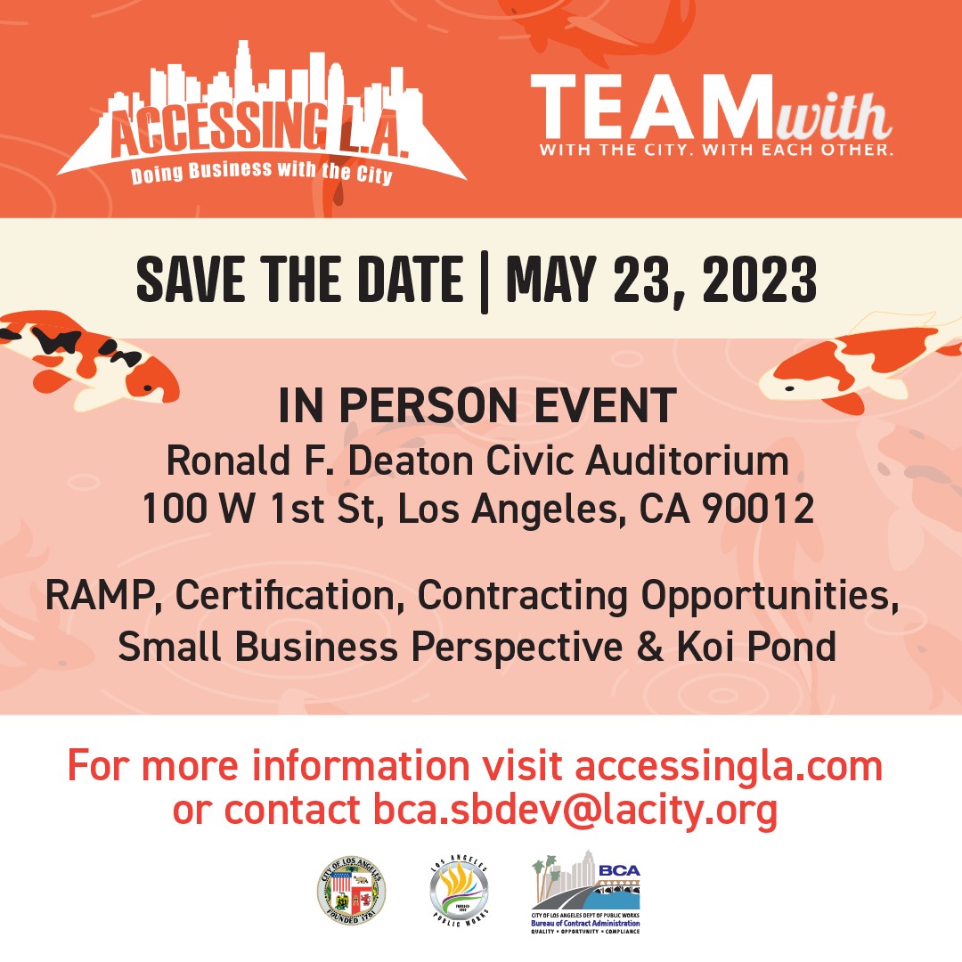 LACitySAN's tweet photo. Join us 5/23/23 for #AccessingLA! Our very own Nancy Lantin will offer a short presentation on contracting opportunities with @lacitysan.
REGISTRATION:
https://t.co/9skJN6o2Ce
#smallbusiness #publicworks #contracting #opportunity #losangeles #business #koipond #likesharktank https://t.co/B9iSn5LYRK