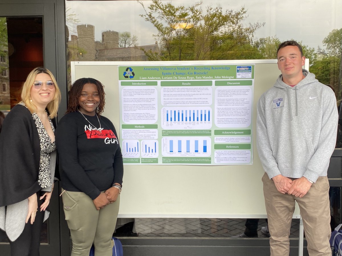 More students from Intro to Environmental Science course presenting on their semester project that focused on various types of waste on Villanova's campus and how we can become more sustainable 🙌
