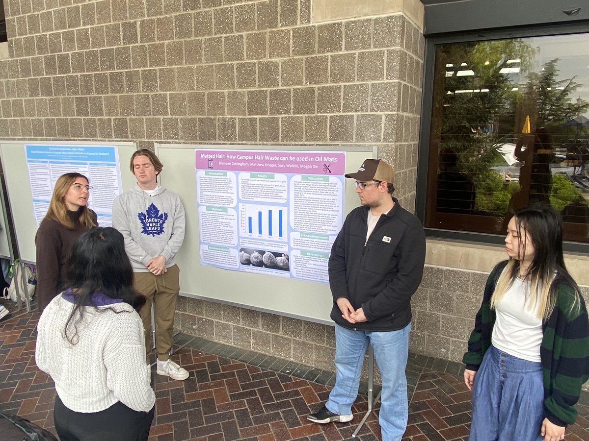 Two more Intro to Environmental Science groups who presented on recycling practices of Villanova's main coffee shop and how hair waste from the barber shop can be donated to create mats for oil spills! 👏