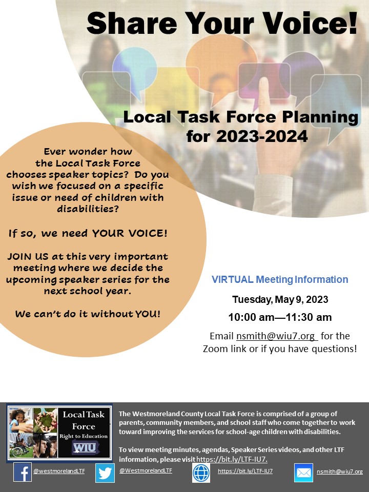 Westmoreland County Local Task Force (@westmorelandltf) on Twitter photo JOIN US at this very important Local Task Force meeting where we decide the upcoming speaker series for the next school year. We can’t do it without YOU! Email nsmith@wiu7.org for the Zoom link. JOIN US at this very important Local Task Force meeting where we decide the upcoming speaker series for the next school year. We can’t do it without YOU! Email nsmith@wiu7.org for the Zoom link.