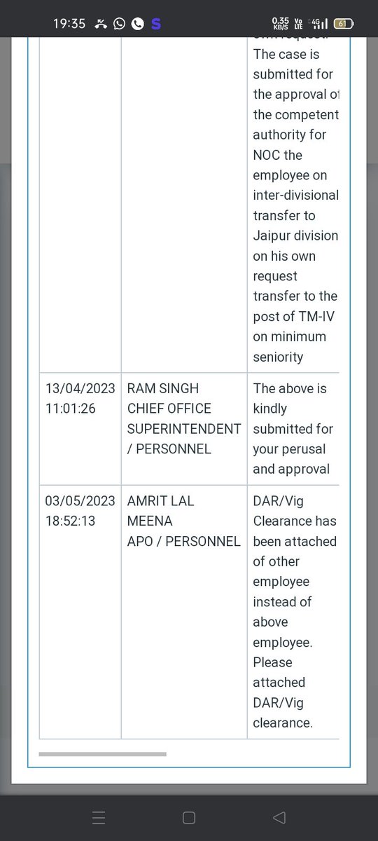 RAKESHK91170994's tweet photo. मैने को own request transfer लगाया था जो की19/11/2022 आज दिनांक 03/05/2023 को raject कर दिया गया। की इसमें DAR/Vig क्लीयरेंस किसी और कर्मचारी का लगा है जो हमारा फॉर्म reject कर दिया ये क्लर्क की गलती की सजा कर्मचारी भुगत रहे है   @DRMJodhpurNWR @NWREU @GMNWRailway https://t.co/u5Ya0bc2pq