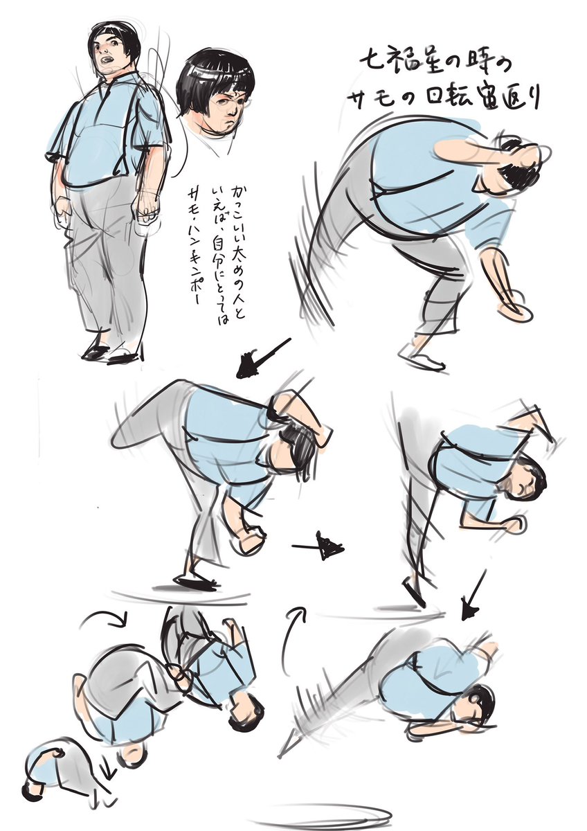 かっこいい大柄なふとっちょさんというと、自分はサモ・ハン・キンポウの印象がツヨツヨ。
映画「七福神」の時のサモ・ハンかっこ面白かったナ。
そしてこういう絵を描こうとしたら豆もやしジェスドロが役にたつ！
サモ・ハンの宙返りを見よ！ https://t.co/i2qyQMeWNh