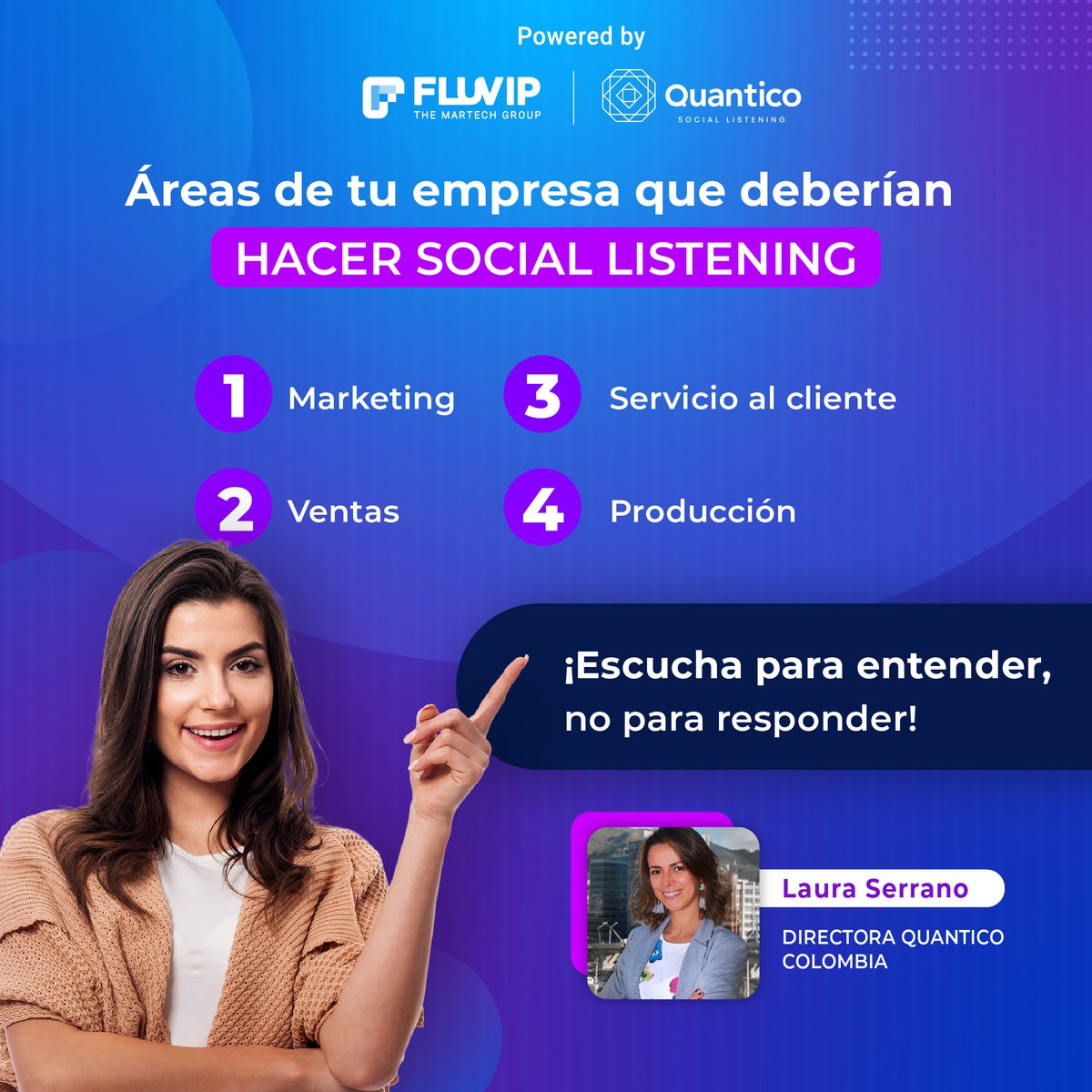 📢 Áreas de tu empresa que deberían hacer social listening:

1️⃣ Marketing
2️⃣ Ventas
3️⃣ Servicio al cliente
4️⃣ Producción

Escucha para entender, no para responder! 🤝 

Conoce más de  #SocialListening en fluvip.com

#MarketingDigital #ServicioAlCliente #FLUVIP