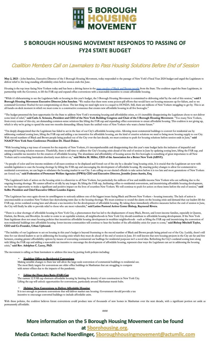 Our coalition is disappointed in our leaders in Albany, who failed to address NYC's housing crisis in NY's FY 2024 budget; however, we remain resolute in our pursuit to have the legislature deliver more affordable housing to New Yorkers by the end of session in June. Read more: