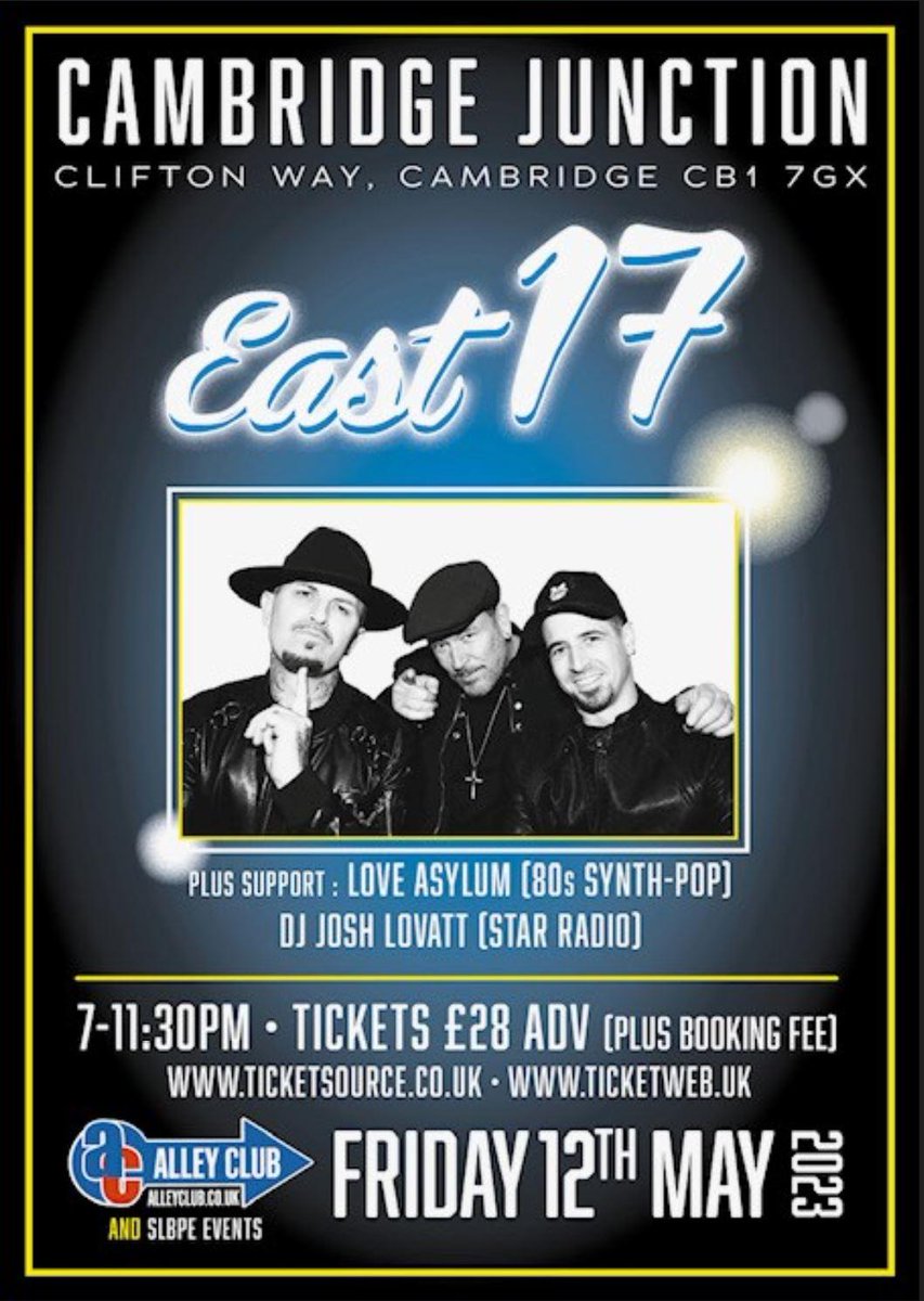 East 17 at Cambridge Junction

Friday 12th May at 7pm

East 17 are back with more punch than ever before. The bad boys of pop are bringing their high energy and powerful performance, full of attitude and swag.

Book Your Tickets: cambridgelive.org.uk/tickets/events…