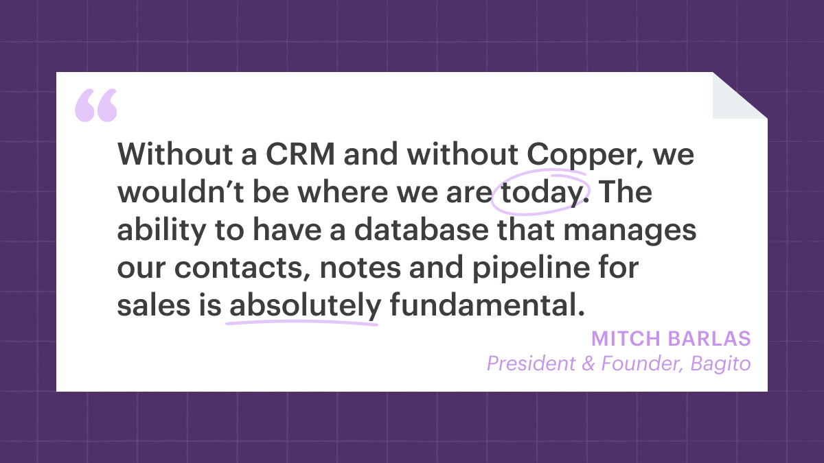 CopperInc's tweet image. For sustainable bag retailer @Bagito_Bags, mastering #salespipeline management was crucial to their growth 💪 Learn how Copper helped them scale: bit.ly/42puPTf

#coppercrm #coppercustomers #casestudy #customerstories #sustainablebusiness #retailcrm
