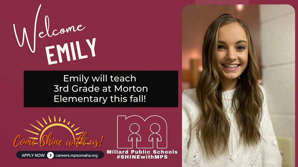 MPSHR's tweet photo. Emily will join the Mavericks to teach 3rd Grade at Morton Elementary this fall. Congratulations, Emily! We can't wait for you to join us at Morton Elementary! Please help us make Emily feel welcome! #SHINEwithMPS @MPSHR @MillardPS #Proud2bMPS #mavericksMoveMountains @MPS_Morton https://t.co/DAVMAKNGFm