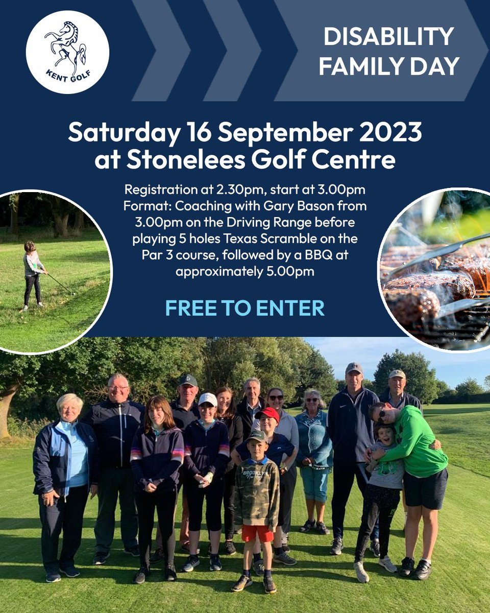⛳️ Our Disability Family Day with Golf and BBQ will be held on Saturday 16 September at <a href="/Stonelees/">StoneleesGolfCentre</a>. It is free to enter.

Format: Coaching on the Driving Range before playing 5 holes Texas Scramble on the Par 3 course, followed by a BBQ.

Registration ➡️ kentgolf.org/competition.ph…