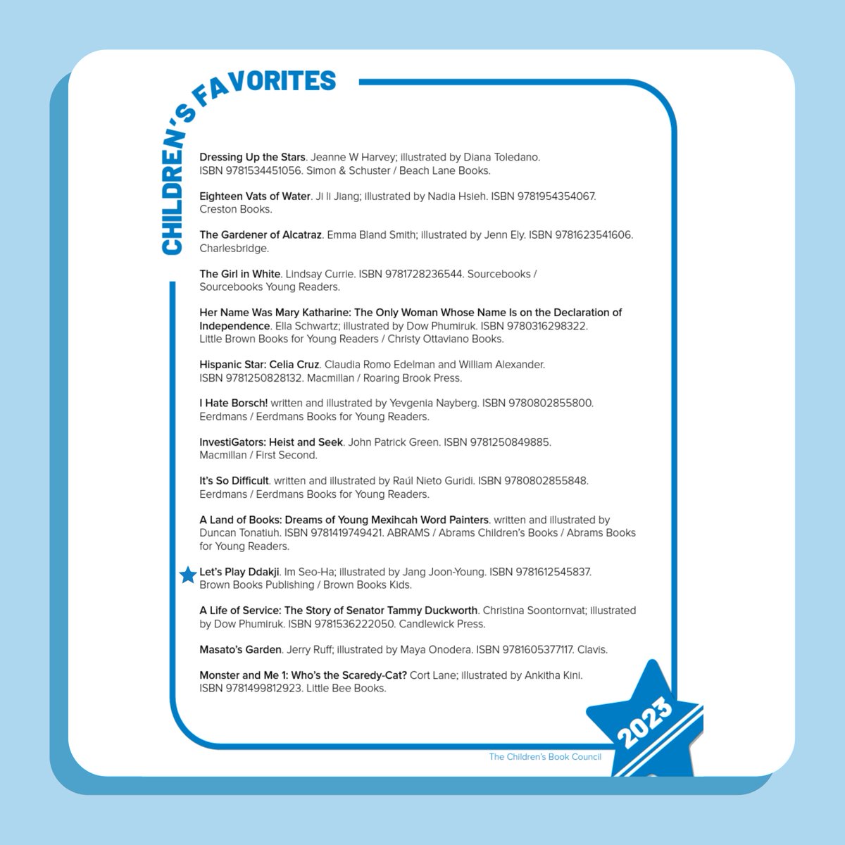 We are so excited to share that LET’S PLAY DDAKJI by Im Seo-Ha is a 2023 CBC Children’s Favorites Award Winner! 

Full list: cbcbooks.org/.../reader.../…

<a href="/CBCBook/">Children's Book Council</a> #kidlit #booktwt #ChildrensBooks #storytime