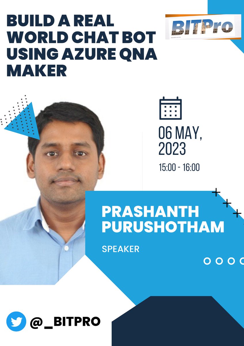 Join us with Prashanth Purushotham on May 6th for our BITPro meet-up. Prashanth will be talking about "Build a real world chat bot using Azure QnA maker".

#Cloud #Azure #PowerPlatform #BITPRo #Community #Meetup