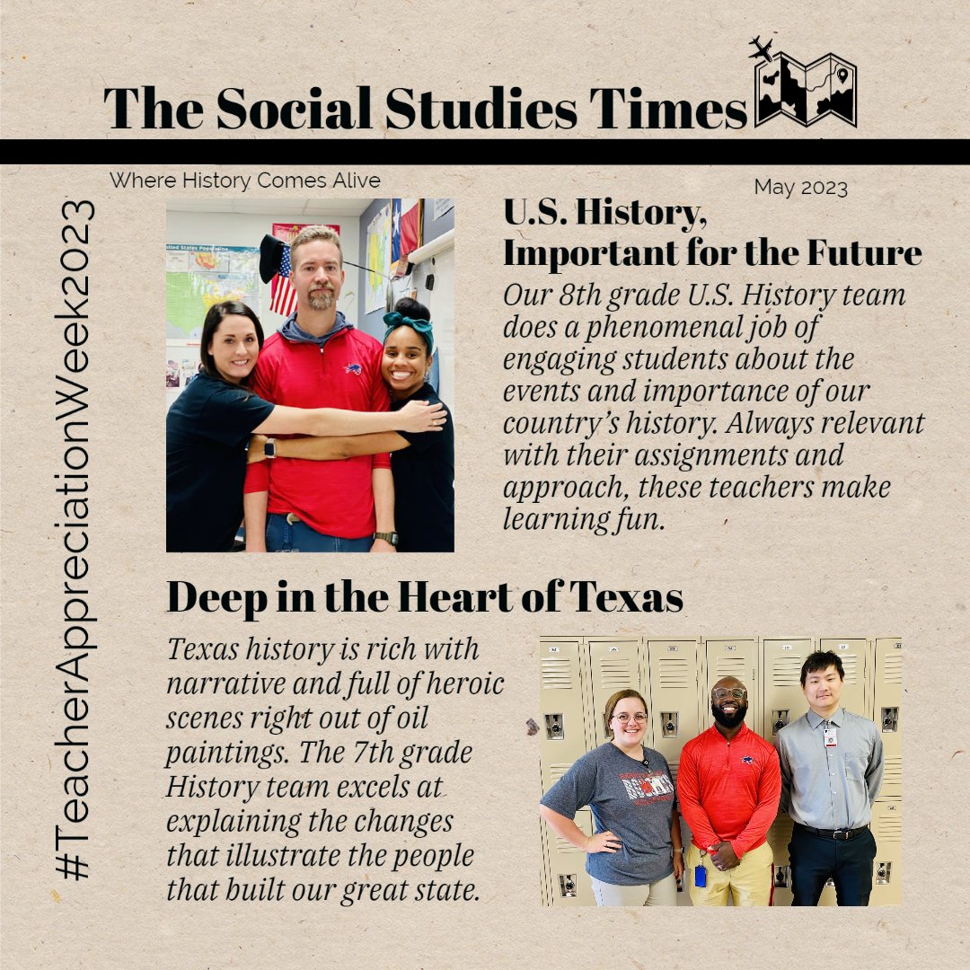 BerryMiller_JH's tweet photo. #ReadAllAboutIt! We❤️our Social Studies team simply for being great. Four of these teachers also coach sports &amp; one is a department lead. We are lucky to have each of you. Happy #TeacherAppreciationWeek2023 to our #SocialStudiesTribe! ❤️💙🐾🇺🇸 #AlwaysGrowing #WeArePearlandISD https://t.co/3wnLsLWRKy