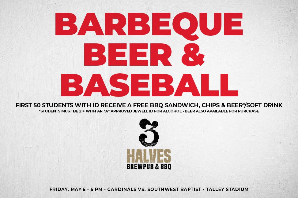 It's the last home weekend of the year, Cardinals! 

Come out to Talley Stadium and enjoy some great beer, BBQ and Friday night <a href="/Jewell_Baseball/">William Jewell Baseball</a>!