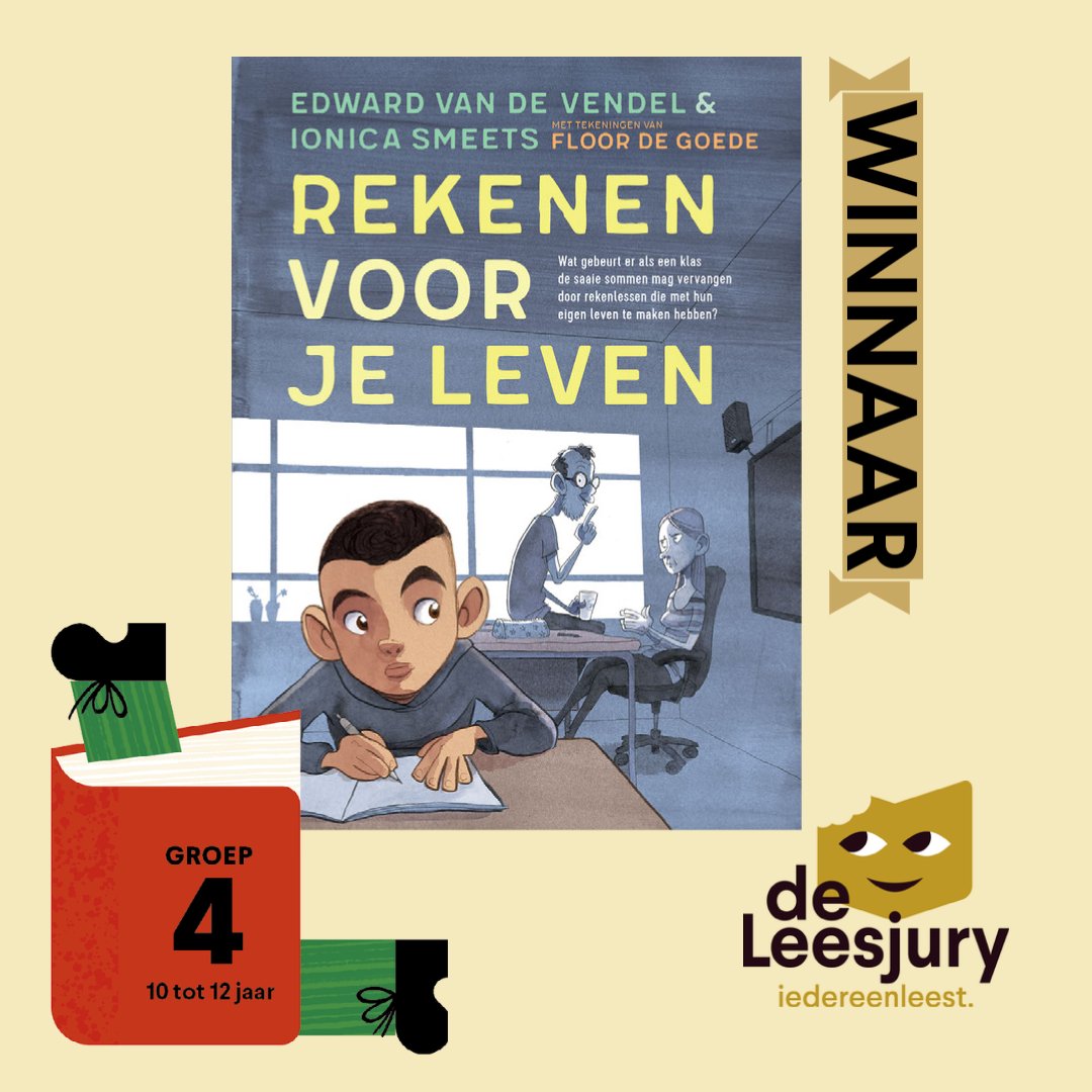 Nieuwezijds's tweet photo. Hoera!! Rekenen voor je leven heeft de prijs van de #Leesjury van @iedereenleest gewonnen in de groep 10-12 jaar! De Leesjury is de grootste jonge lezersjury van Vlaanderen en dit jaar lazen er wel 14.881 kinderen en jongeren mee! #edwardvandevendel #ionicasmeets #floordegoede https://t.co/1PWvfy3rwv