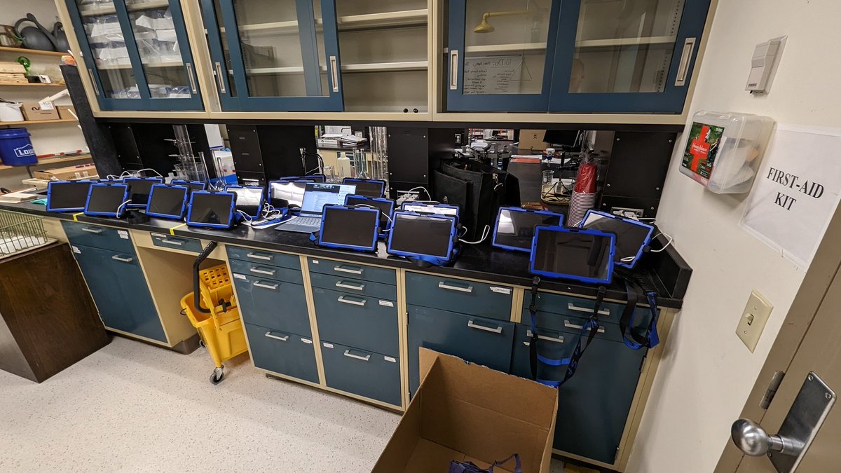 TylerAGroh's tweet photo. 18 tablets with the Survey 123 app ready for volunteers to help us measure tree growth metrics in our #research and #extension riparian buffer tomorrow! #BringOnTheData https://t.co/2IavxwVdmQ
