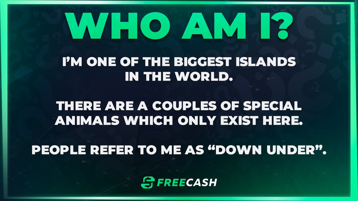 freecashcom's tweet photo. Do you know what "island" we are looking for? 🦘

Comment your guess and retweet for a chance to win 25$ 🤑 https://t.co/qvZlGbn6D7