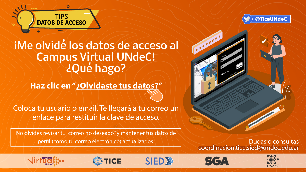 TiceUndec's tweet photo. ¡Me olvidé los datos de acceso al Campus Virtual UNdeC! ¿Qué hago?
#TipsTICE
#SomosTICE
#UNdeC https://t.co/L6Htr8w0aY
