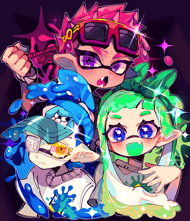 inkling ,inkling girl multiple boys 2boys 1girl blue eyes open mouth green hair eyepatch  illustration images