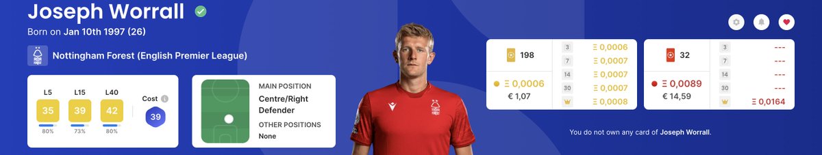 CappedModepicks's tweet image. The first pick for GW 369 is Worall. Worall plays for Nottingham Forest who will play against Southampton FC this GW. Worall has a Capped Mode cost of 39. Worall outscores this score often against teams who are in a low spot in the Premier League table. #Sorare #Cappedmode.