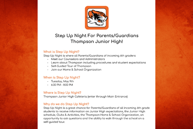 thompson308's tweet photo. Parents and Guardians of incoming 6th graders at Thompson Junior High School, please join us for Step Up Night on Tuesday, May 9th! #thompson308 #sd308 https://t.co/HEbdk86r8B