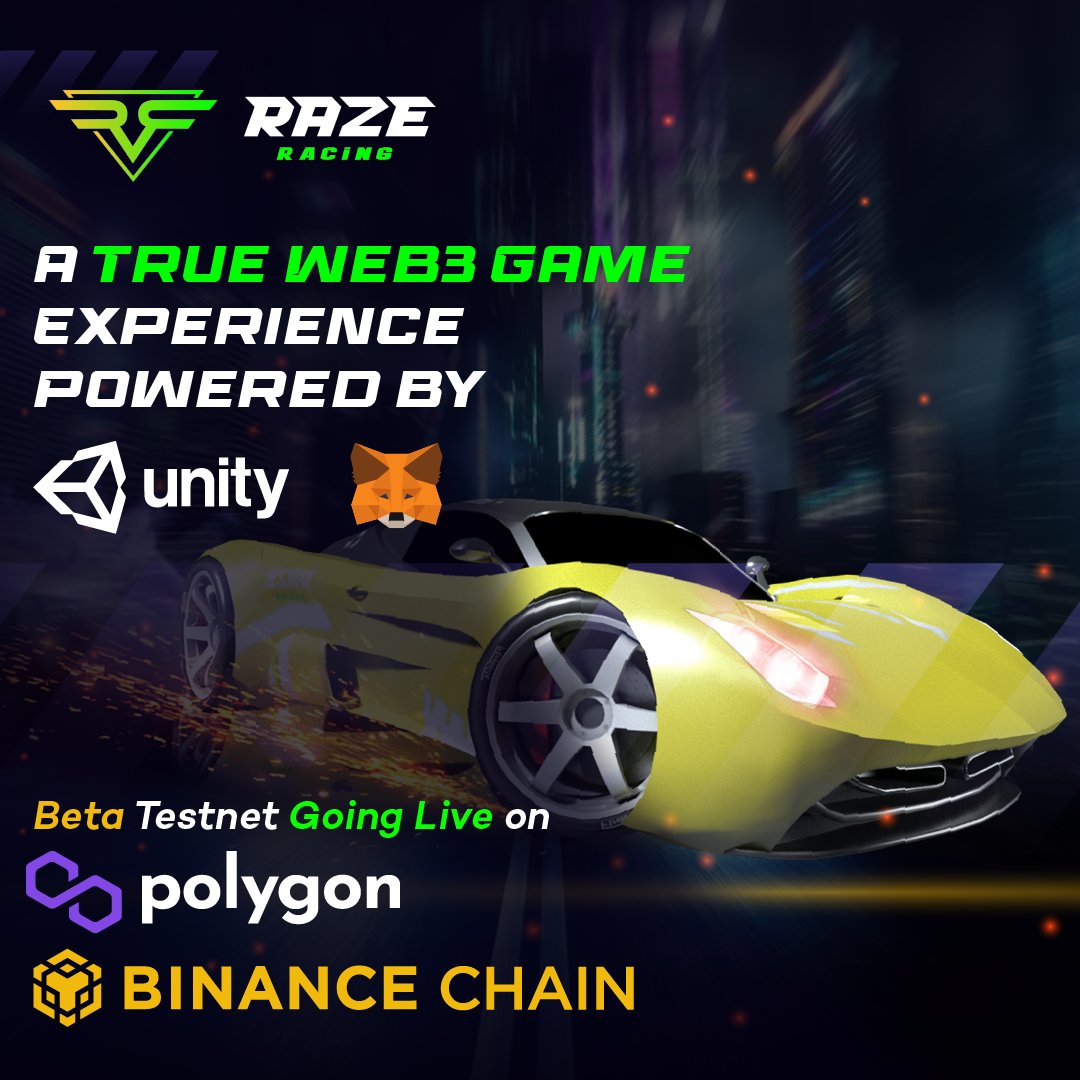 👨‍💻As we come closer to the launch of our #beta with the first game mode #free2play, we are delighted to announce the Multi-Chain Approach. 

First 2 Blockchains Going Live are
<a href="/0xPolygon/">Polygon</a> 
<a href="/binance/">Binance</a> 

Signup to receive the early build
🚀razeracing.com

#RazeRacing #polygon