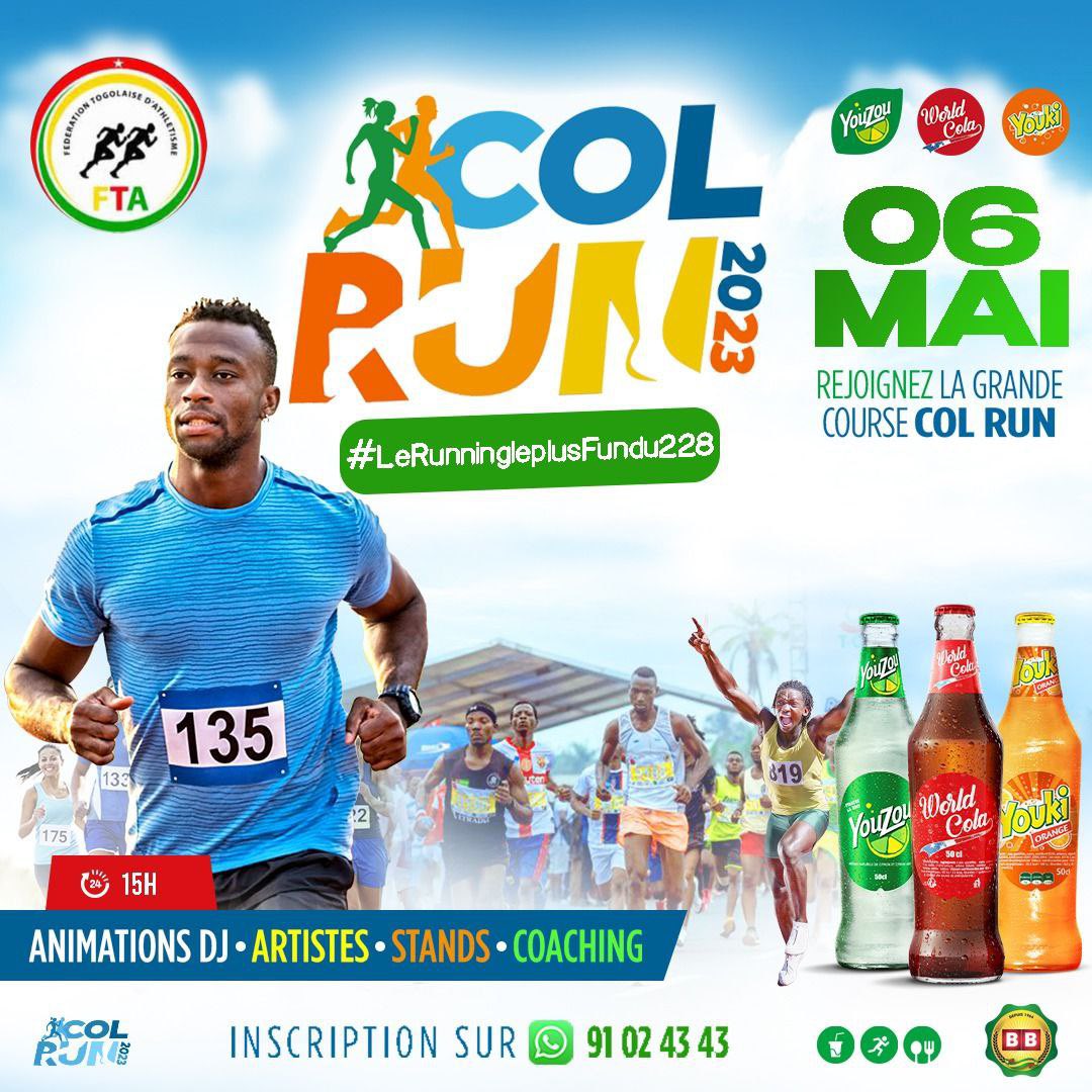 folidjanta_13's tweet photo. Inscrivez-vous dès maintenant à notre marathon de 10Km et tentez de remporter l'un de nos nombreux prix ! 🏅🎁
Rejoignez la vague colorée ! 🤩
Brasserie BB Lomé
Fédération Togolaise d'Athlètisme
#ColRunLomé #running228 #runningcommunity #team228 #Marathon10Km #DéfiSportif https://t.co/kfnBbgotI7