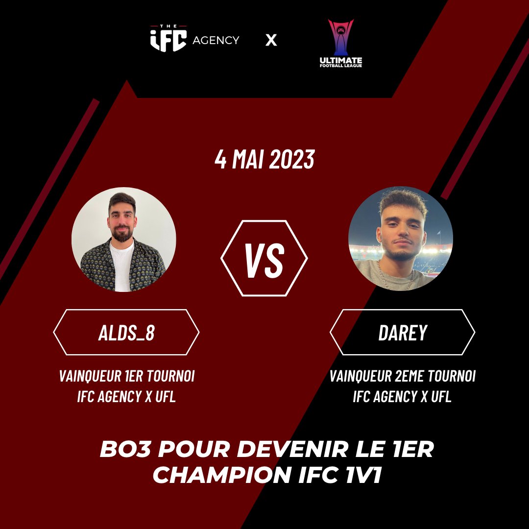 1er Champion IFC 🥊 🔥

Après les 2 premiers tournois 1vs1 organisés avec <a href="/UF_League/">Ultimate Football League</a>, les vainqueurs s'affronteront Jeudi 04 Mai sur un BO3 ! 🏆

Qui sera le premier champion IFC entre <a href="/alds8_/">alds8_ 🇵🇹🇫🇷</a> et @RBaroudi21 ? 🤯

Bonne chance à tous les deux !