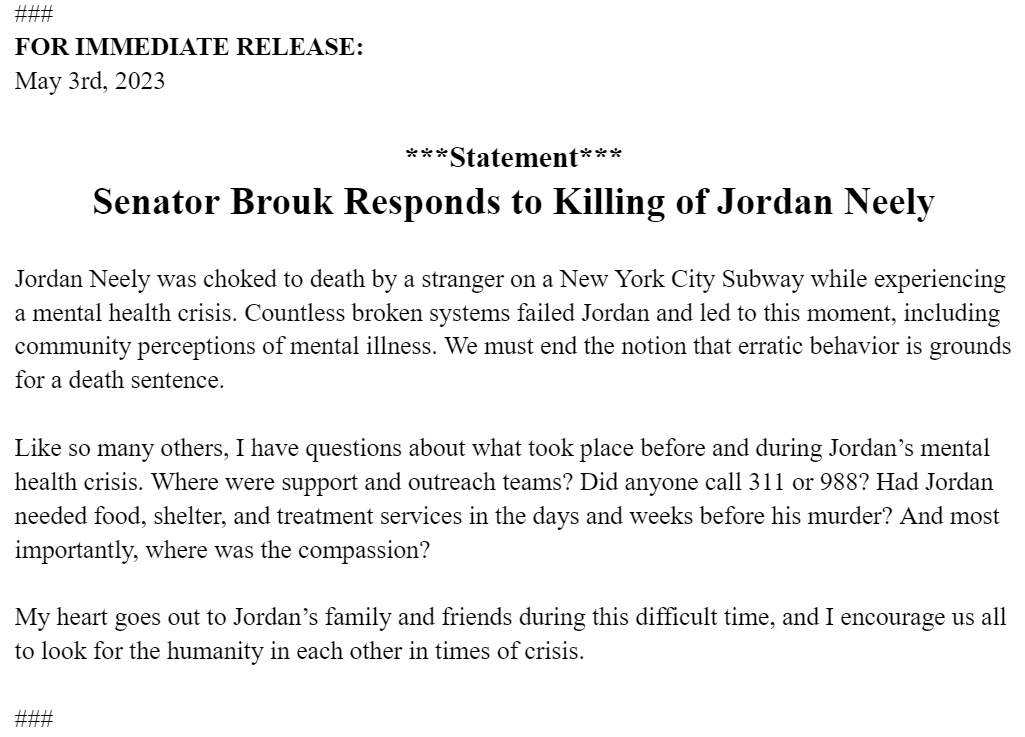 SenatorBrouk's tweet photo. My statement on the killing of Jordan Neely, a man who was killed while in the midst of a mental health crisis: https://t.co/egpgHvP0Iw