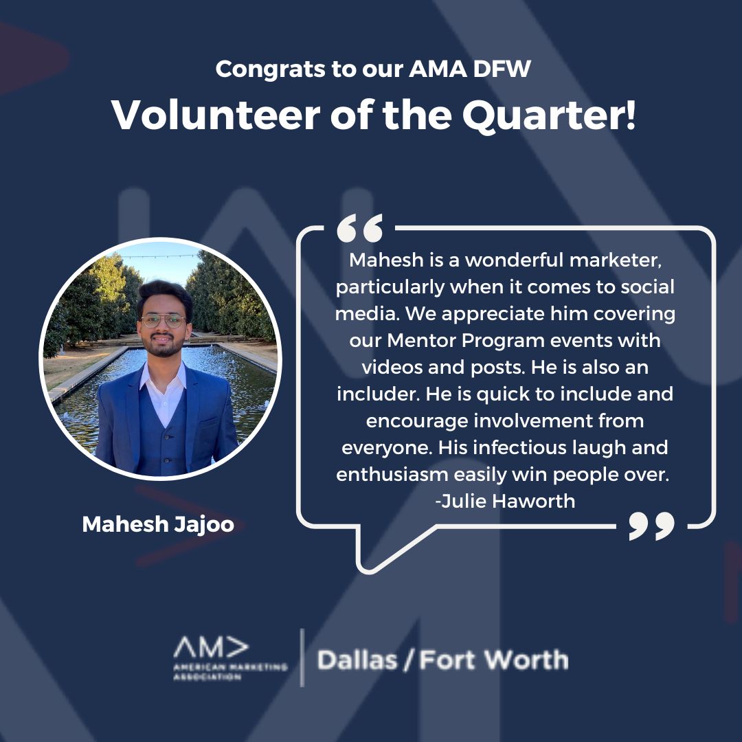 amadfw's tweet photo. We're incredibly excited to announce that Mahesh Jajoo is our AMA DFW Volunteer of the Quarter! Thank you for all you do for the Chapter - we appreciate you 👏

Interested in becoming a volunteer? Visit https://t.co/F3Ok10AWdW

#marketing #volunteer #AMA #DFW https://t.co/vklHwfs5Yf