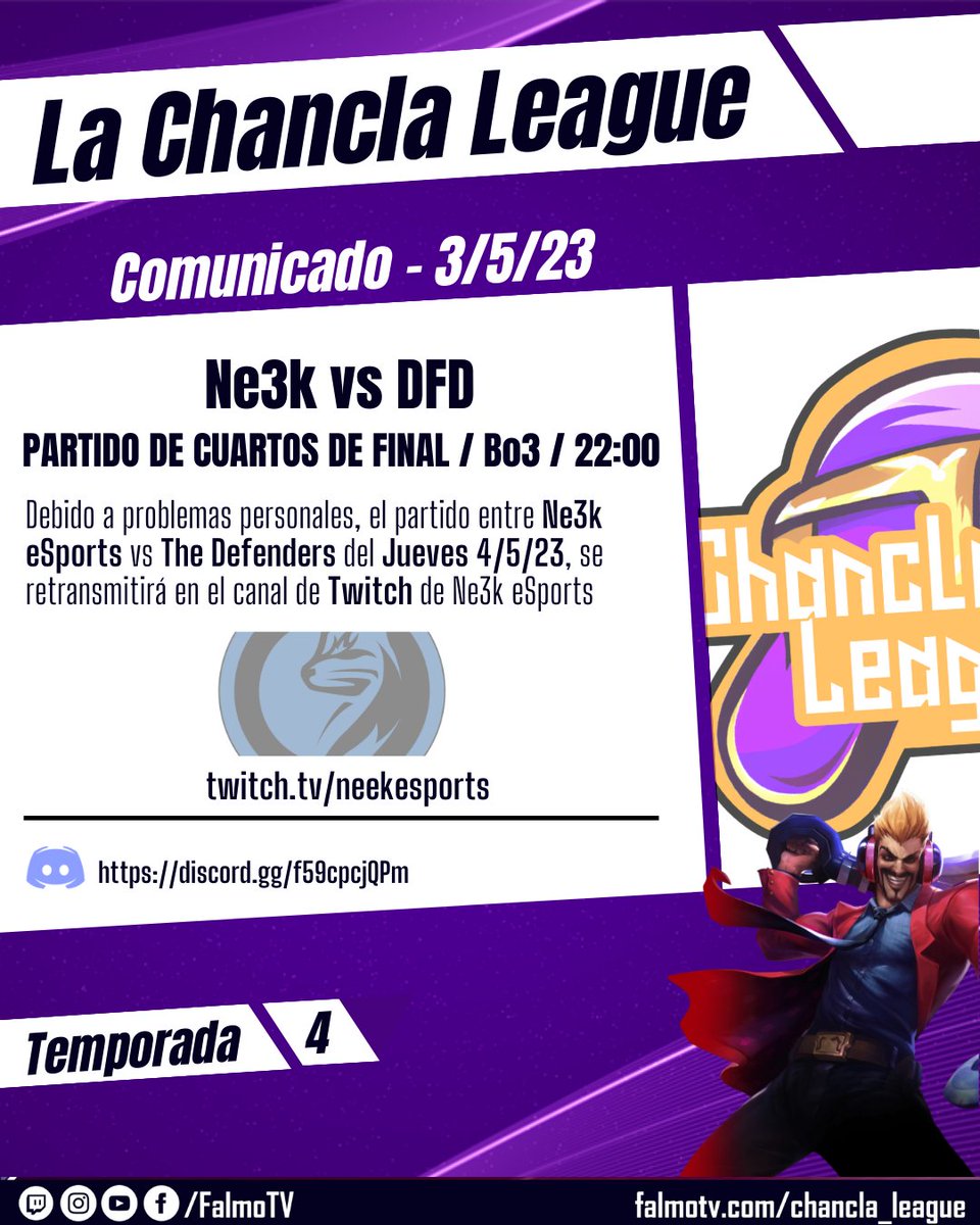 COMUNICADO: Debido a problemas personales, el partido entre Ne3k eSports vs The Defenders del Jueves 4/5/23, se retransmitirá en el canal de Twitch de Ne3k eSports. Gracias, disculpad las molestias.

Ne3k eSports Twitch: twitch.tv/neekesports