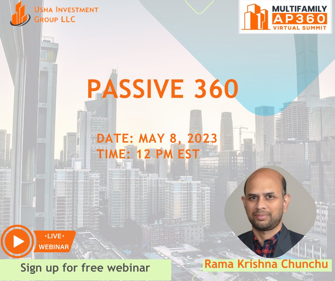 AP360Event's tweet image. Join an insightful free WEBINAR on "Passive 360"

Date:   MONDAY - May 8, 2023
Time:  12 – 12:45 PM EST
Register here:

multifamilyap360.mykajabi.com/pl/2147685357
#realestateinvesting #commercialrealestate​ #realestateinvestor​ #multifamilyrealestate​ #multifamilyhousing​ #syndication #passive360