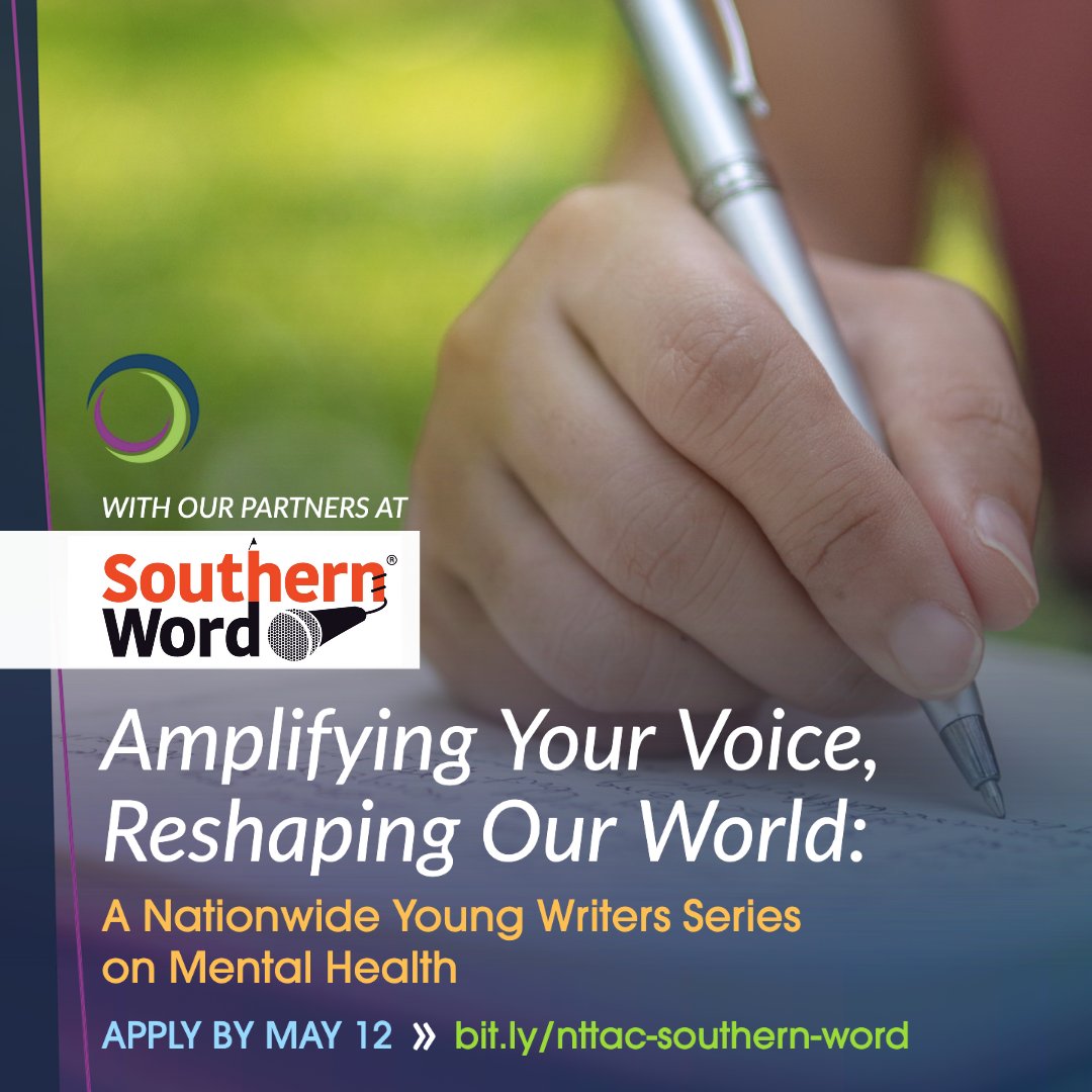 NTTAC (@nttac_mh) on Twitter photo ✒️ Attn young writers (14-21)! Check out the new "Amplifying Your Voice, Reshaping Our World: A Nationwide Young Writers Series on Mental Health" from @nttach_mh & <a href="/SouthernWord/">Southern Word</a>.
Please share w/ youth & young adults in your network!
Apply by 5/12: bit.ly/nttac-southern… ✒️ Attn young writers (14-21)! Check out the new "Amplifying Your Voice, Reshaping Our World: A Nationwide Young Writers Series on Mental Health" from @nttach_mh & <a href="/SouthernWord/">Southern Word</a>.
Please share w/ youth & young adults in your network!
Apply by 5/12: bit.ly/nttac-southern…