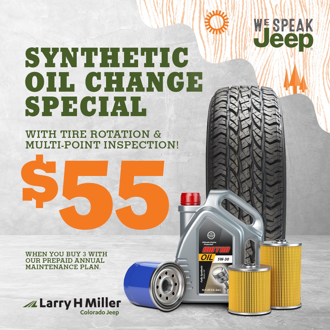 LHMColoradoJeep's tweet photo. 🤯 Only $55 will get you a synthetic oil change, a tire rotation, and a multi-point inspection*!?! 💯 https://t.co/DgTOXtDa7D