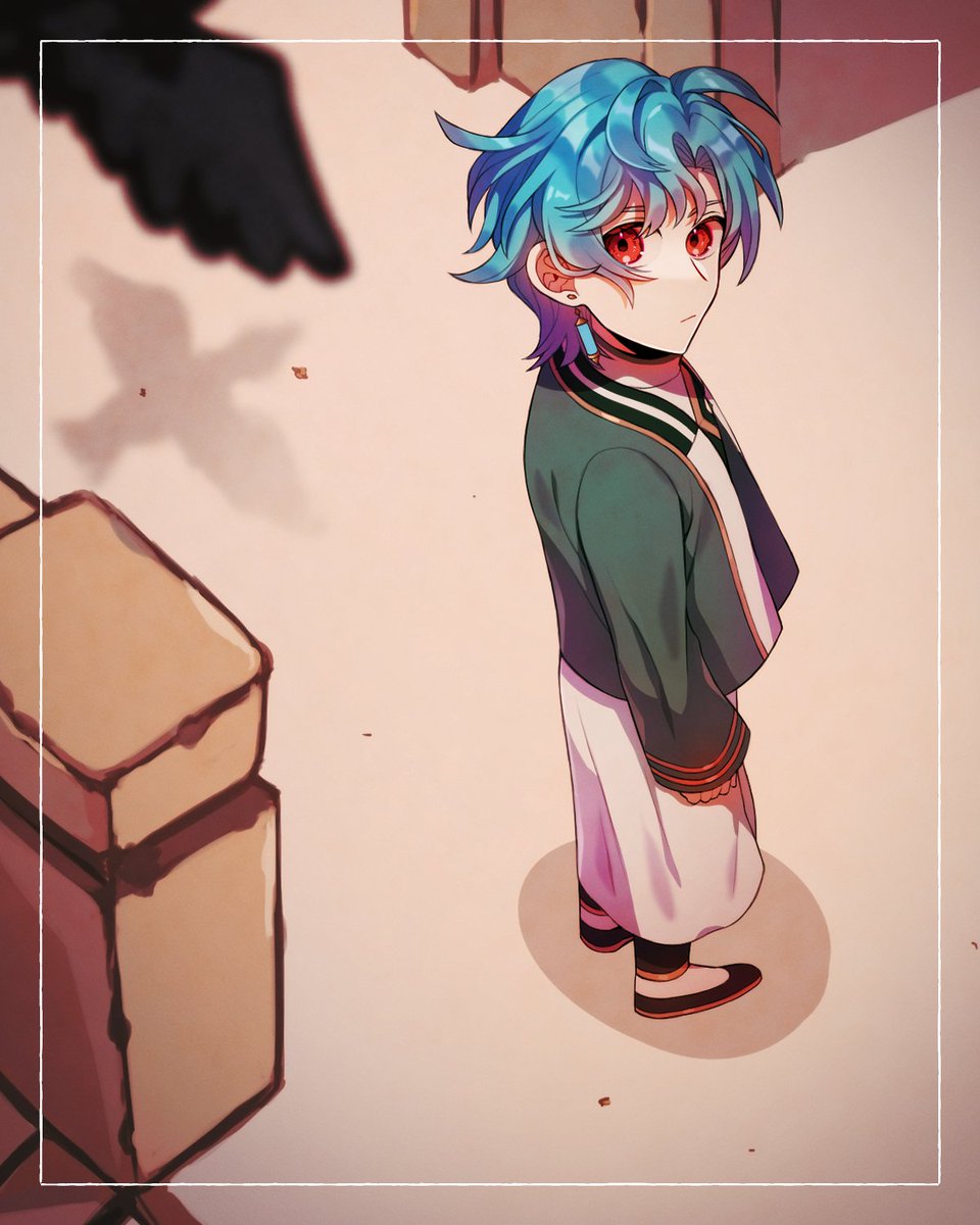 blue hair 1boy red eyes male focus solo jewelry earrings  illustration images