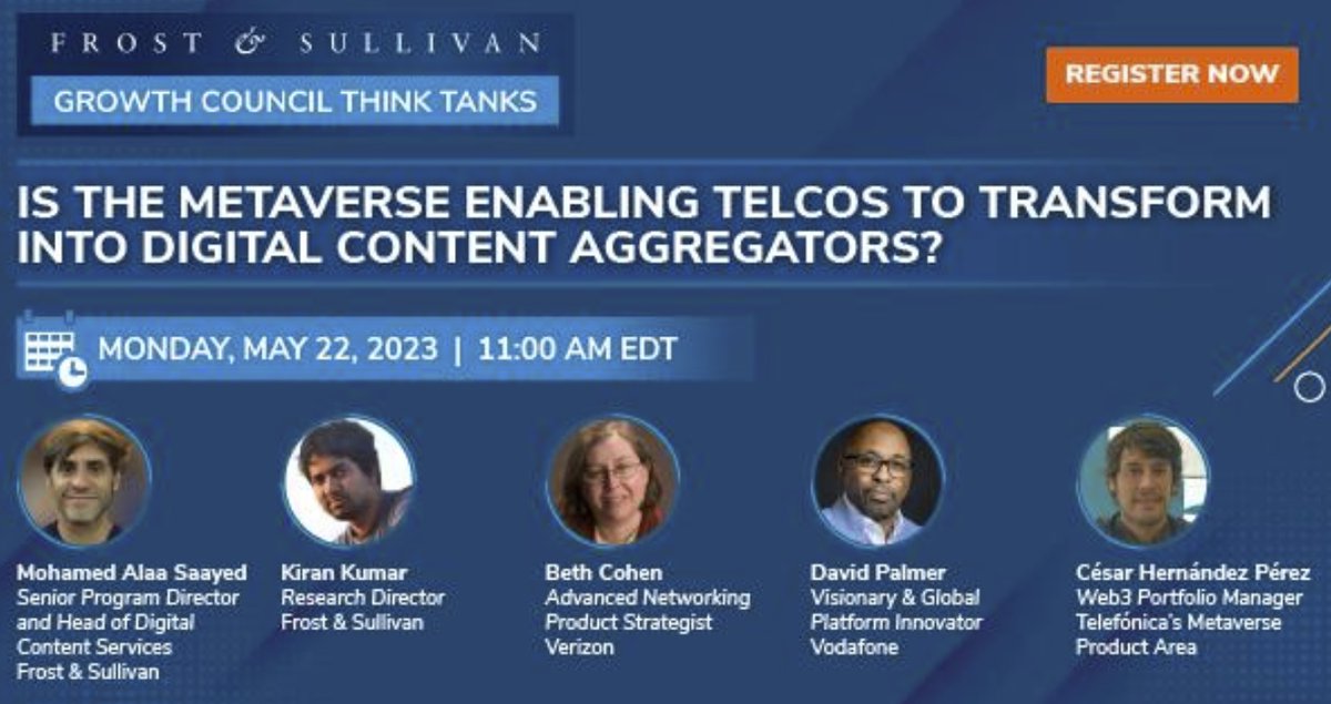 Is the metaverse enabling telcos to transform into digital content aggregators? Join the Frost &amp; Sullivan DCS team and industry leaders from <a href="/VodafoneUK/">Vodafone UK</a> , <a href="/VerizonBusiness/">Verizon Business</a>, and <a href="/Telefonica/">Telefónica</a> to debate this theme in the upcoming live Think Tank on May 22nd.

insights.frost.com/frost-sullivan…