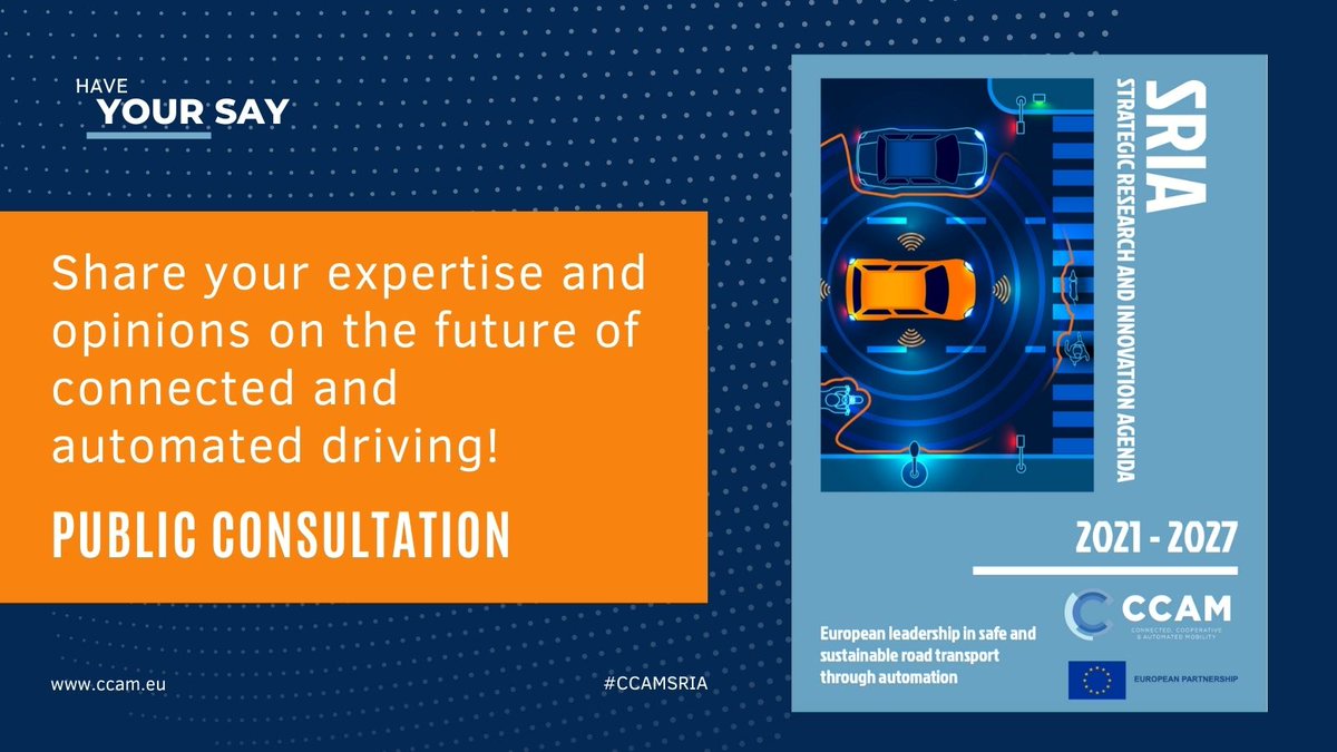 🚨🚨🚨
Public consultation of the #CCAM #SRIA Update is now open bit.ly/3nmdkU9! 
Be part of the #future of #connected and #automateddriving!

#EUCAD2023