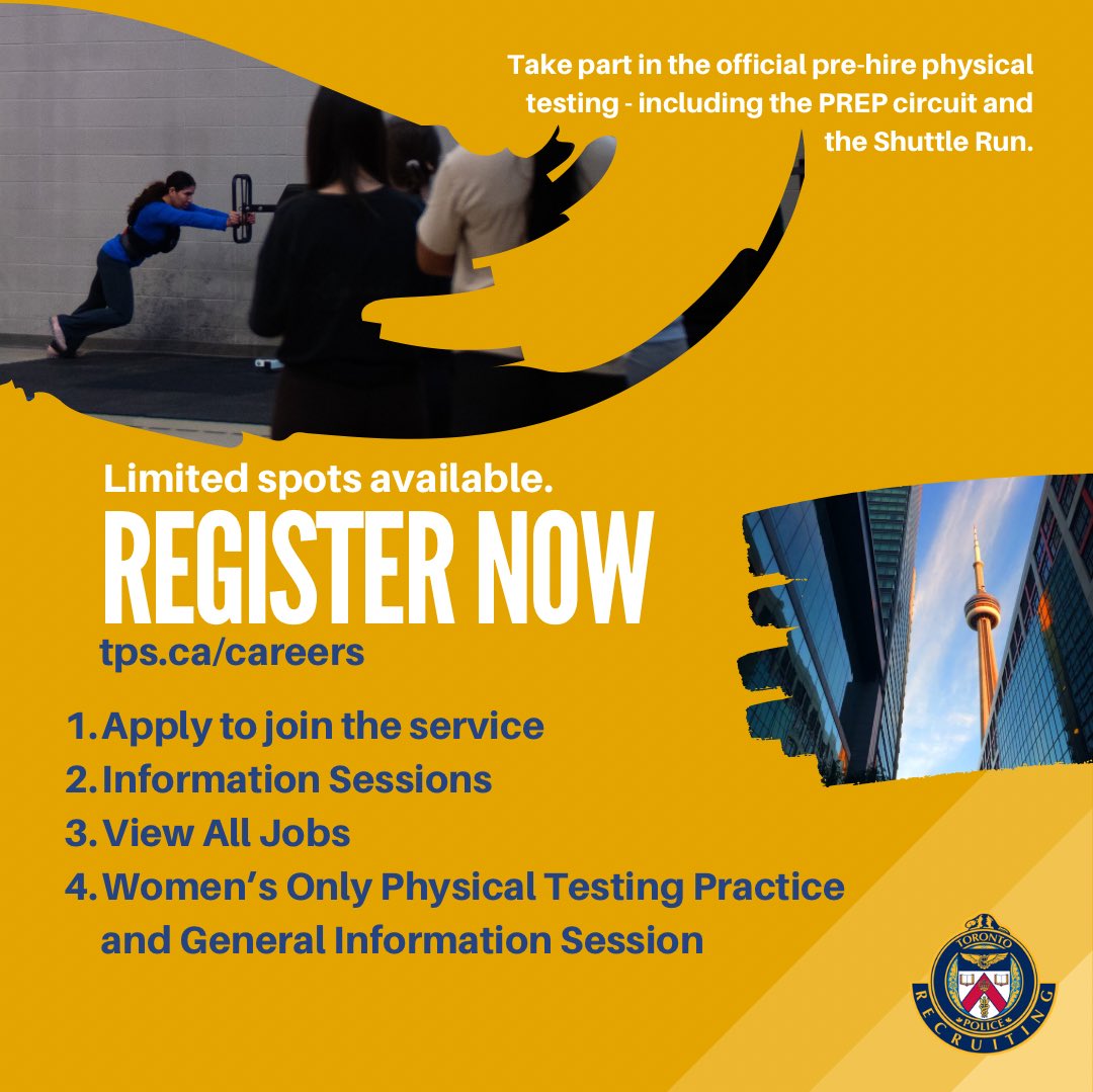 Women interested in becoming Police Constables, this event is for you! Register for the Women's Only Physical Testing (PREP) practice and Information Session at the Toronto Police College. 

Register now, spots are limited! 
#femaleofficers #wearehiringnow