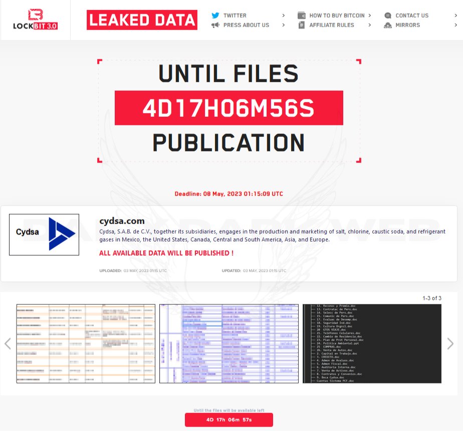 DailyDarkWeb's tweet photo. #Mexico 🇲🇽 - LockBit ransomware group has announced Cydsa on the victim list
"Cydsa is a holding company operating in the chemical and energy industries."
#DarkWeb #ransomware https://t.co/7PmjKCaMia