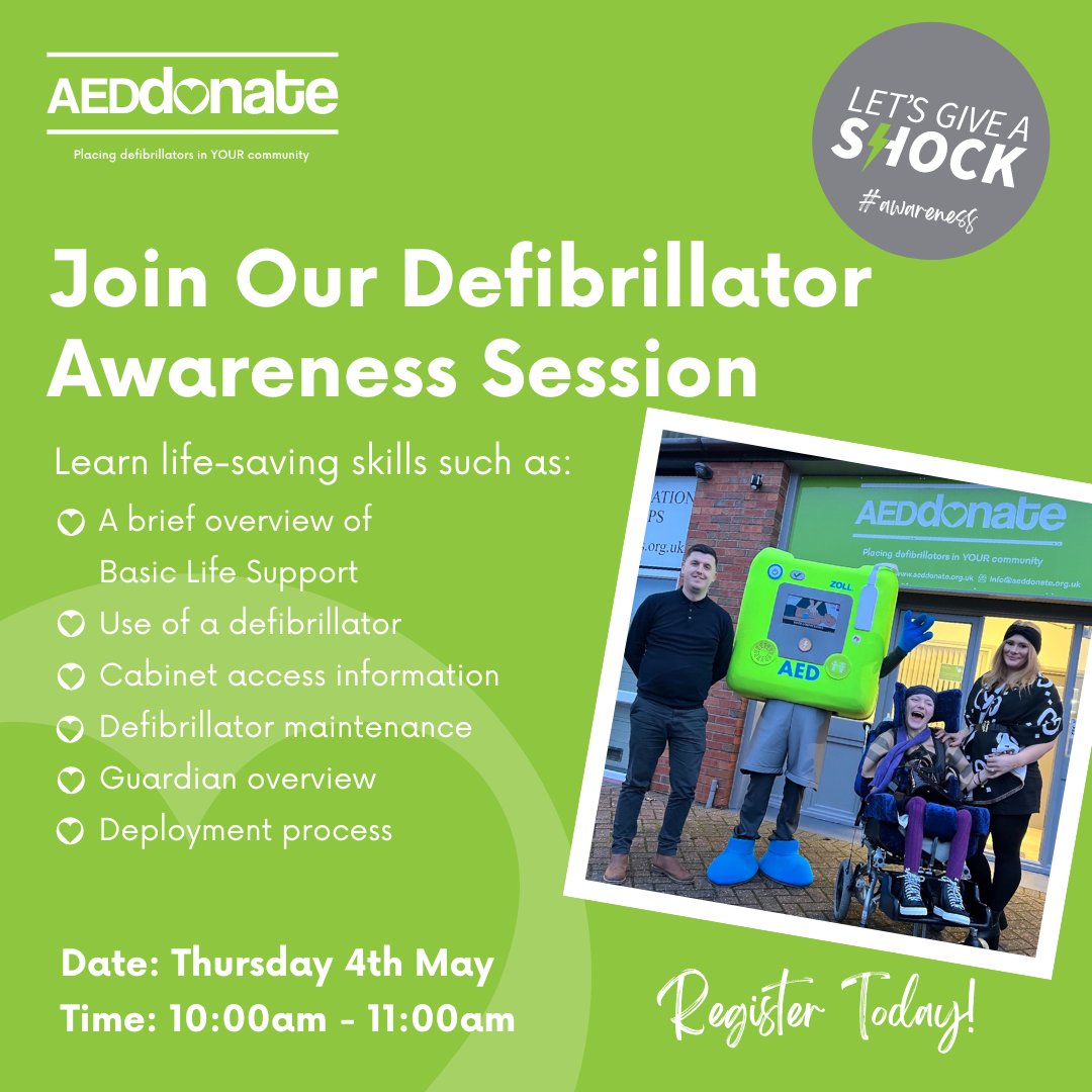 AEDdonate's tweet image. Tomorrow is our Defibrillator Awareness Session 🩺

Now is your chance to SAVE LIVES! Join us tomorrow at 10am for our free online Defibrillator Awareness Session 

Register NOW 👉 aeddonate.org.uk/events/defibri… 

#AEDdonate #FirstAidTips
