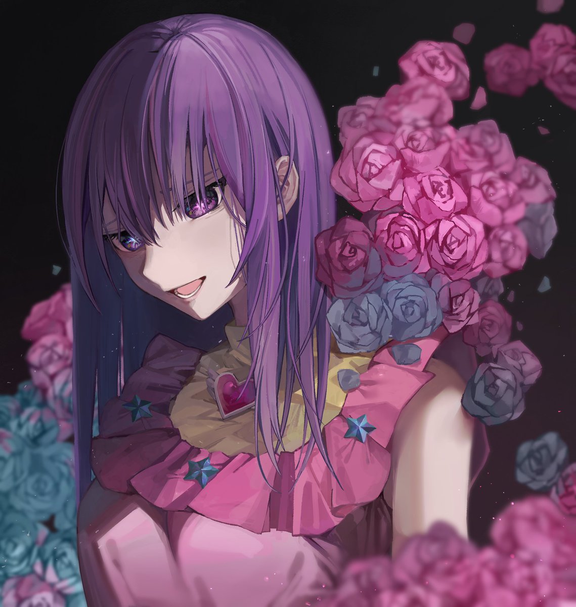 1girl solo flower rose purple hair purple eyes open mouth  illustration images