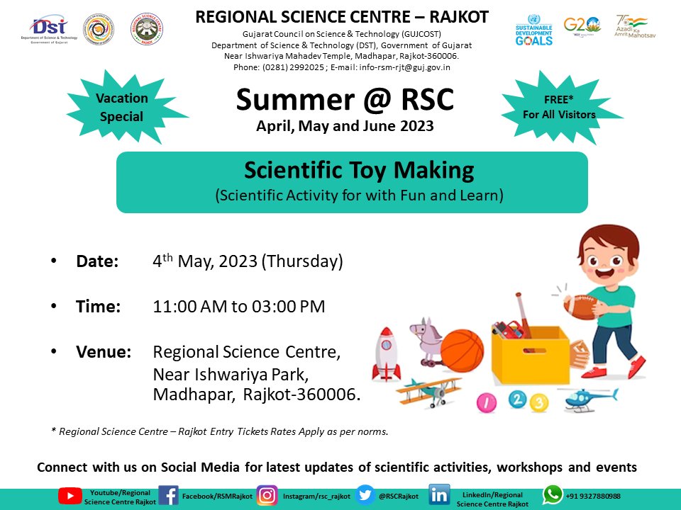 RSCRajkot's tweet photo. Get ready to explore the world of #science, #engineering &amp; #creativity tomorrow in  #VacationSpecial '#ScientificToy Making' activity of #SummerAtRSC program and learn how to create cool scientific #toys using everyday materials. @vnehra @narottamsahoo @InfoGujcost @dstGujarat https://t.co/62QhdXiLB9