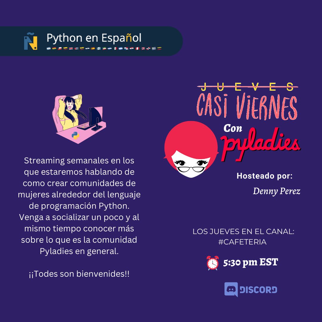 📢 Hola Comunidad!
Como cada Jueves, esta semana estaremos transmitiendo el:

🐍 Casi Viernes con #Pyladies 🐍

Un evento para compartir y mostrar, cómo crear una comunidad #Python a través de un Capítulo <a href="/pyladies/">PyLadies</a>😊🙌🫶
 
Sigue la transmisión aquí👇
gh.io/casiviernes
