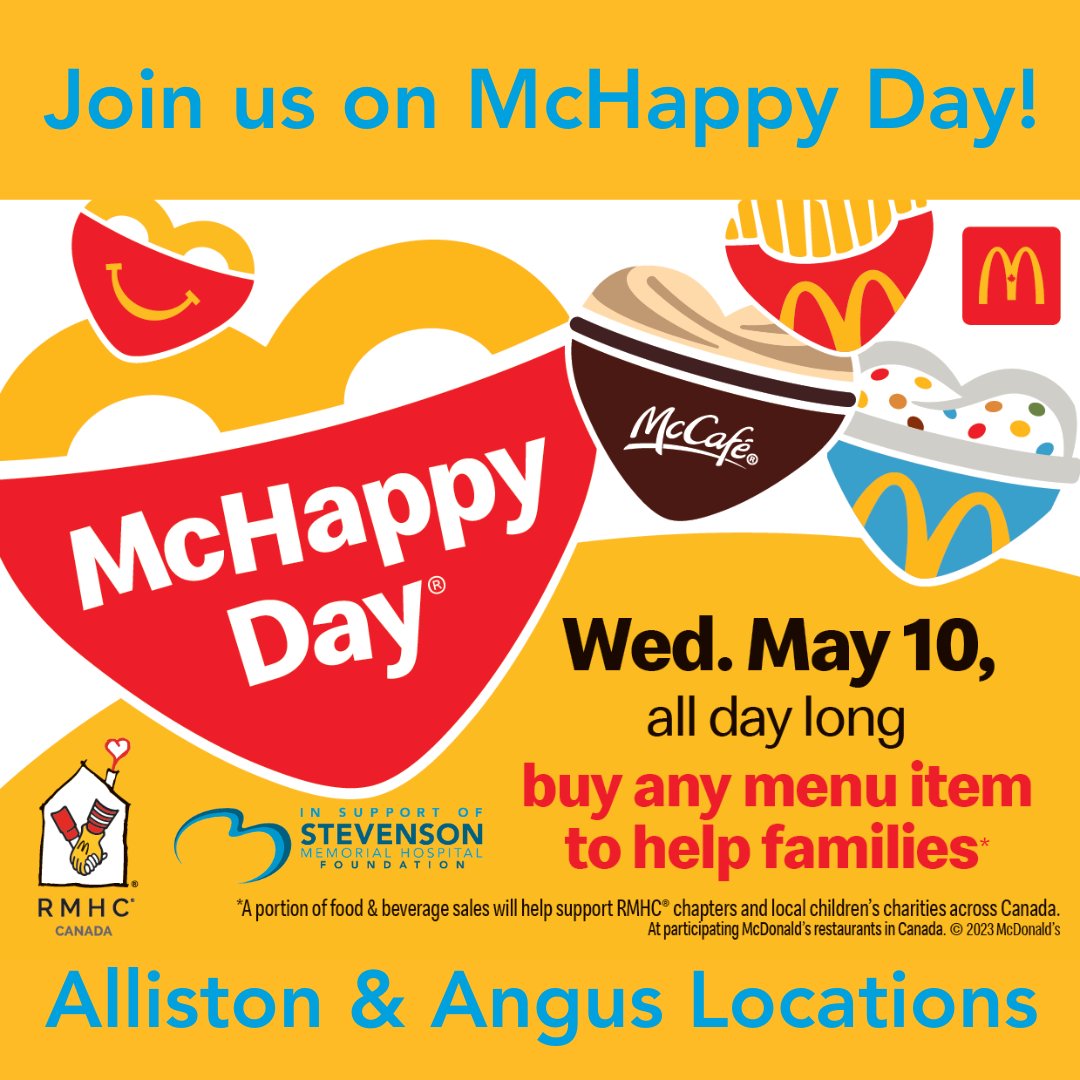 StevensonFdn's tweet photo. Join us on McHappy Day!

May 10th is McHappy Day in support of Ronald McDonald House Charities, @StevensonFdn &amp; other community charities.  

To learn more, visit https://t.co/AGpmuIboNz

#BecauseOfYouWeCan #TransformingStevenson #McDonalds #McHappy #McHappyDay #SaveTheDate https://t.co/cQ49Ur2QVZ