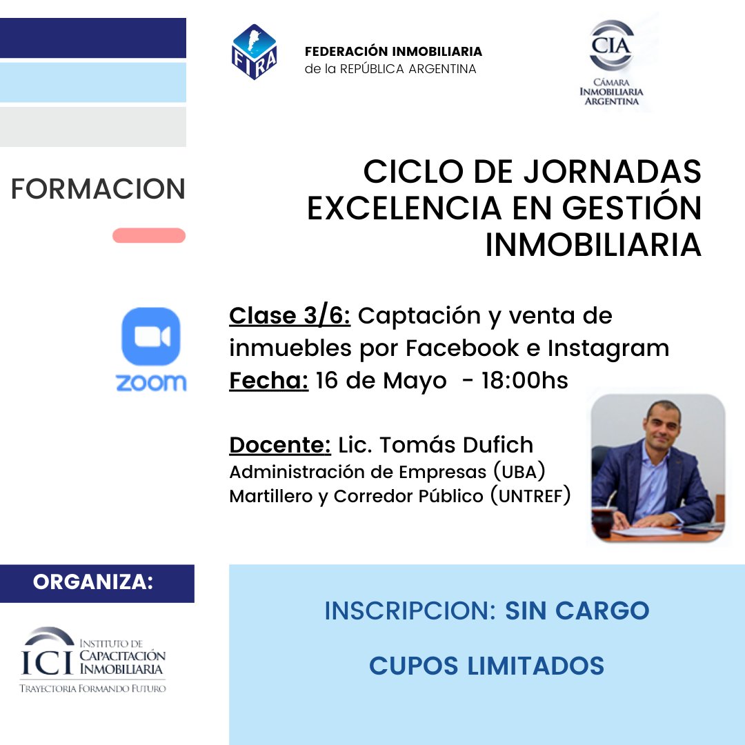 FIRA_Arg's tweet photo. #FIRACAPACITA
📌 Tema: "LA CAPTACION DE INMUEBLES POR FACEBOOK E INSTAGRAM"
🕕 ¿ Cuándo ? 16 de Mayo - 18:00 hs
💻 ¿ Cómo ? Virtual- Interactiva
🌐 ¿ Duración ? 2/3 hs
📲 ¿ Costo? ¡GRATIS! 😀
🗒️ Inscripción: 👉https://t.co/y7ei9QBXJY o mensaje a @iciinstitutocapinmob https://t.co/nEqDgUx9Qe