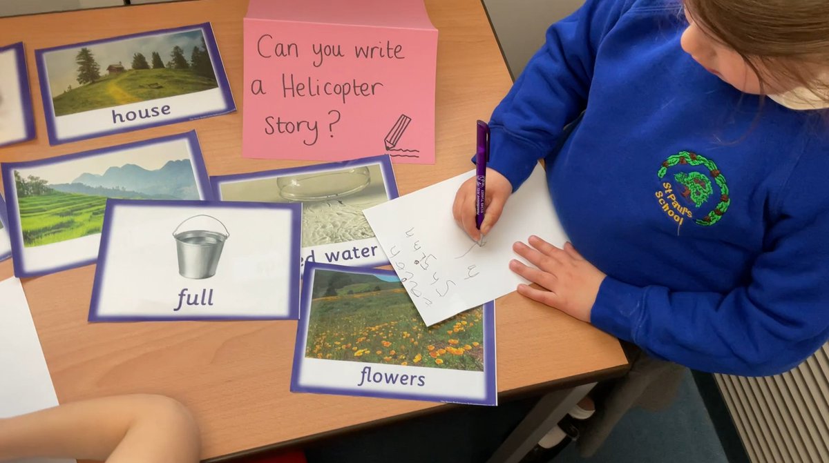 HelicopterEYFS's tweet photo. Many children in this Reception Class have started using the word banks from the Story Basket to write their own Helicopter Stories when it's not their turn to be scribed.  #creativity #EYFS #literacy #EarlyYearsDevelopment #Choosingtowrite https://t.co/GZV4ThM2vv