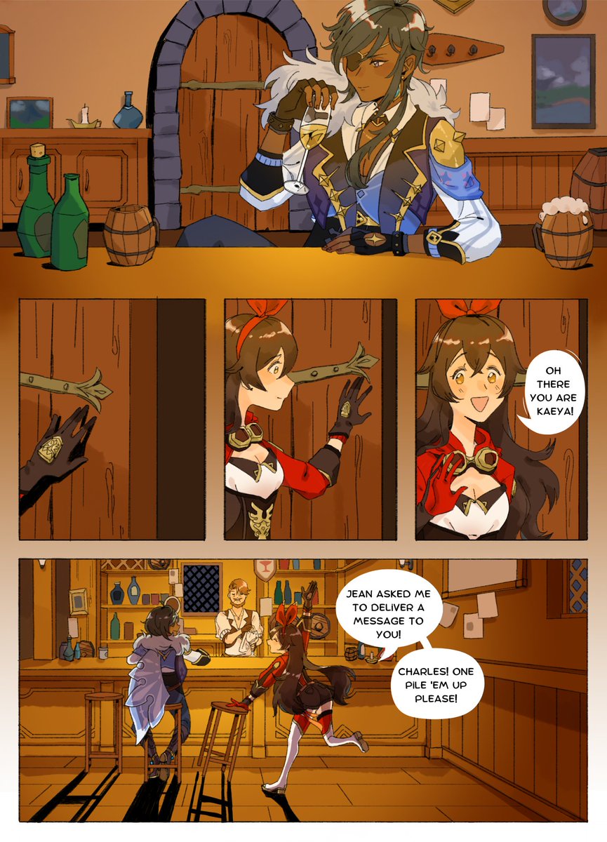 anglebyfishos's tweet photo. Here are the comic pages I did for @exanimozine! I had a lot of fun being forced out of my comfort zone to make a comic centering around Kaeya, a character I don't normally draw XD

Check out the free digital zine for more pieces about the Mondstadt cast 💙 https://t.co/Yb2s9E7nGi