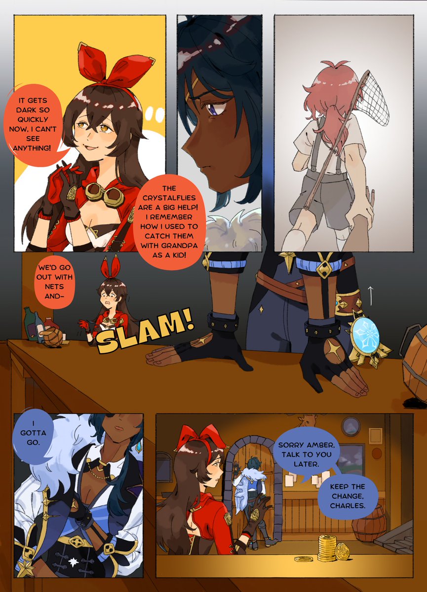 anglebyfishos's tweet photo. Here are the comic pages I did for @exanimozine! I had a lot of fun being forced out of my comfort zone to make a comic centering around Kaeya, a character I don't normally draw XD

Check out the free digital zine for more pieces about the Mondstadt cast 💙 https://t.co/Yb2s9E7nGi