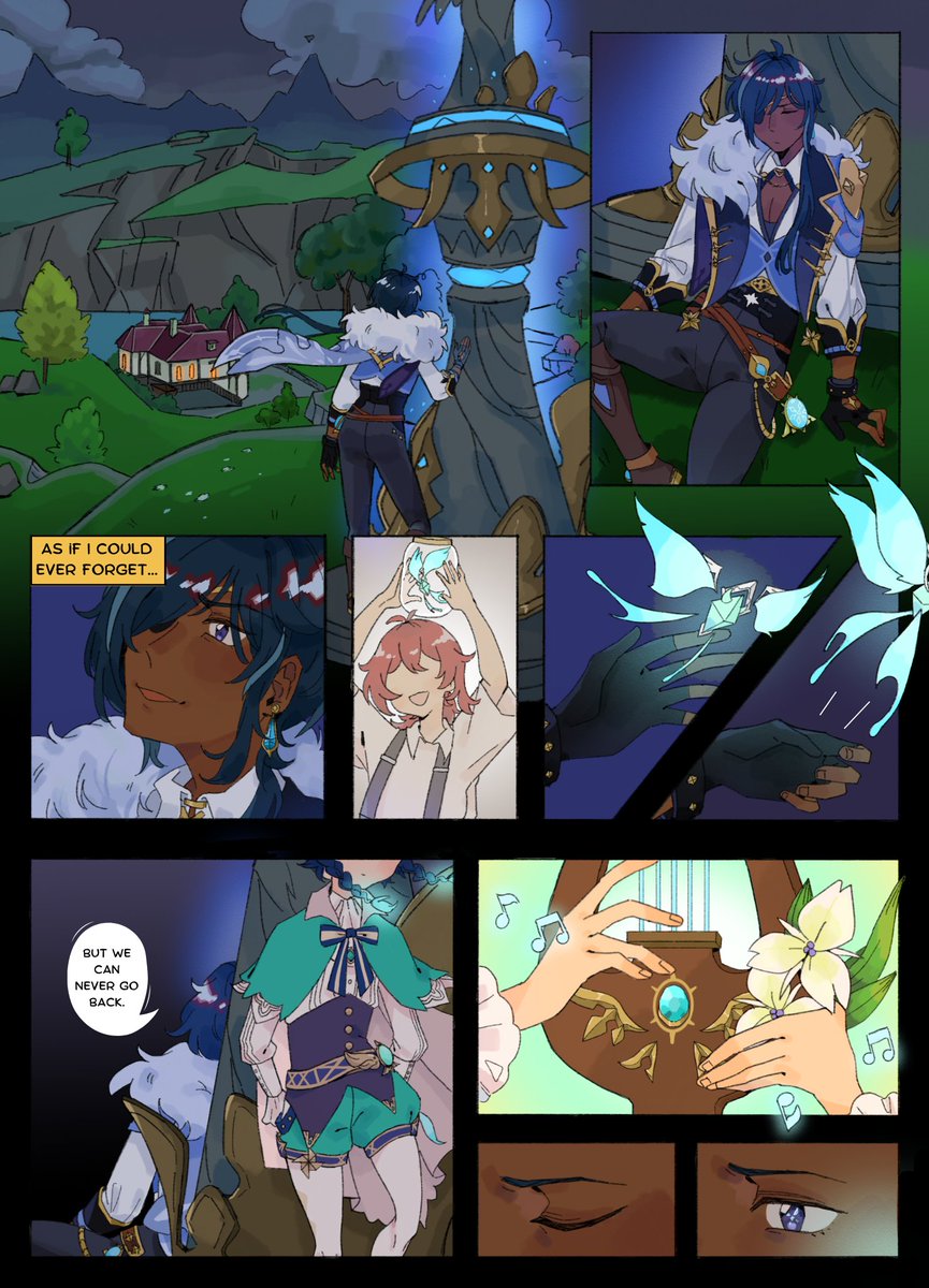 anglebyfishos's tweet photo. Here are the comic pages I did for @exanimozine! I had a lot of fun being forced out of my comfort zone to make a comic centering around Kaeya, a character I don't normally draw XD

Check out the free digital zine for more pieces about the Mondstadt cast 💙 https://t.co/Yb2s9E7nGi