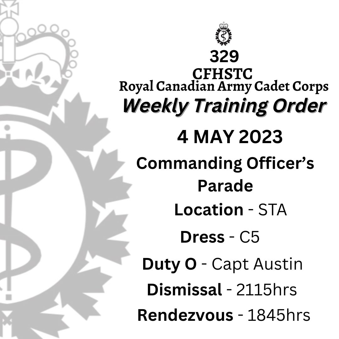 329RCACC's tweet photo. ALCON
WTO
4 MAY 23
Commanding Officer’s Parade
#329Proud #329HealthySafeEngaged https://t.co/l9NGfL1uMG